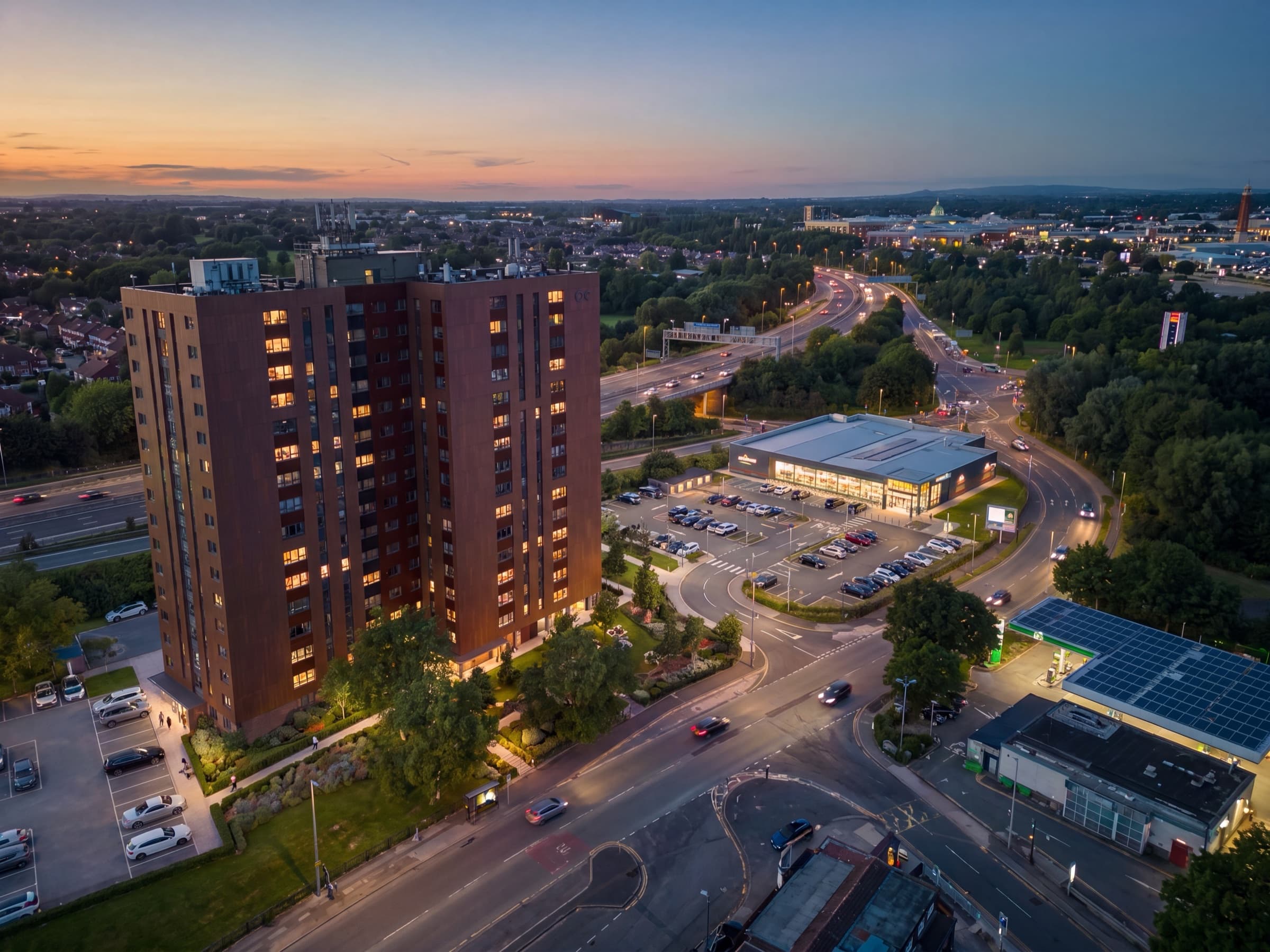 An aerial view of a site in its Greater Manchester context