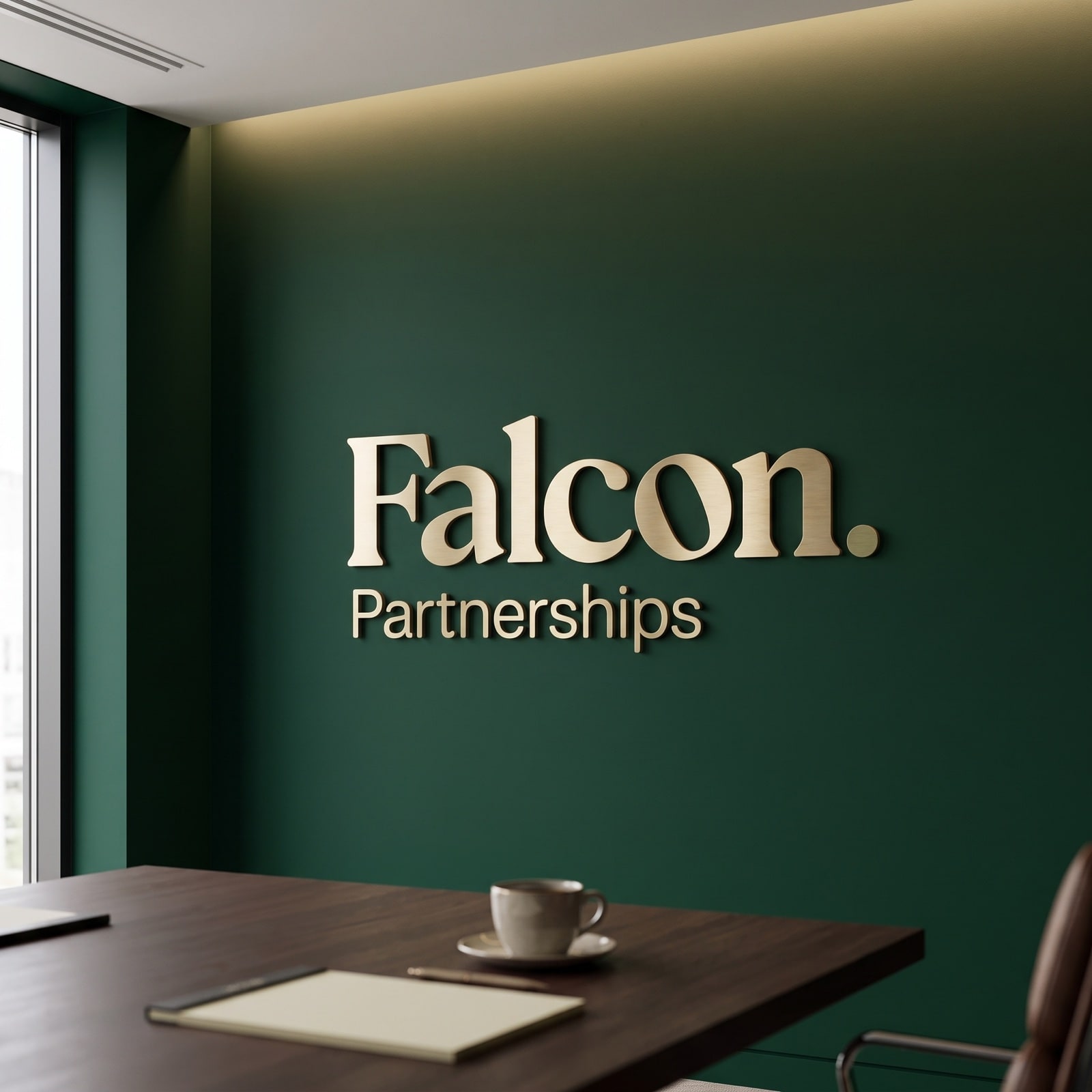 The Falcon Partnerships name in brushed brass on the boardroom wall