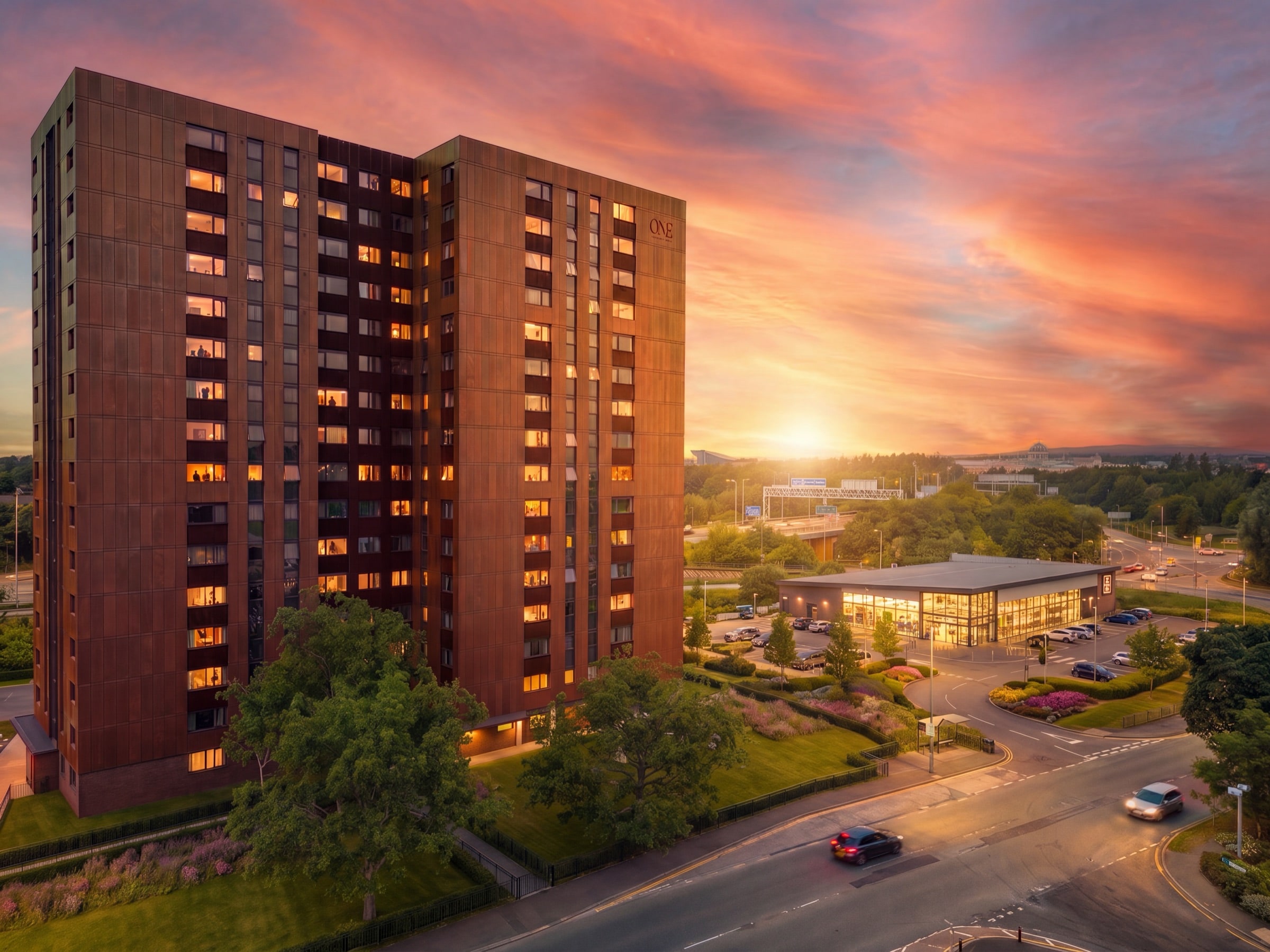 One Trafford Edge at golden hour, Stretford