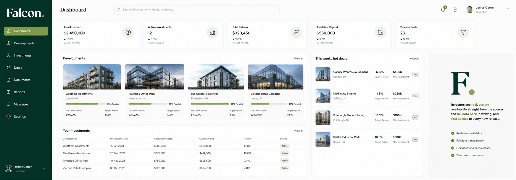 The Falcon Partnerships investor platform, showing live development availability and an investor dashboard